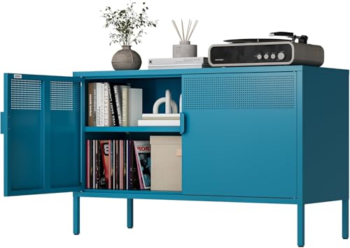 MetaCate lnov Armario Metalico,Aparador de Metal Estantes con Puertas,Marco de Acero,Armario de Almacenamiento para Oficina en Cocina,Salón,Comedor,Entrada,40 x 100 x 64AL cm,Azul