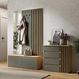 Lomadox Garderoben Set Kommode und Garderobe mit Bank Paneel Spiegel Eiche Graphit Lamellen-Design