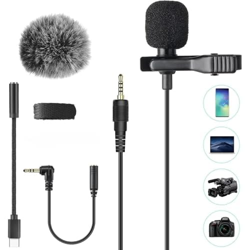 AGPTEK Micrófono de Solapa con Parabrisas, Z02C Lavalier Micrófono Omnidireccional con 3 Adaptadores, 2M Cable para Smartphones, PC, Videocámaras, Negro