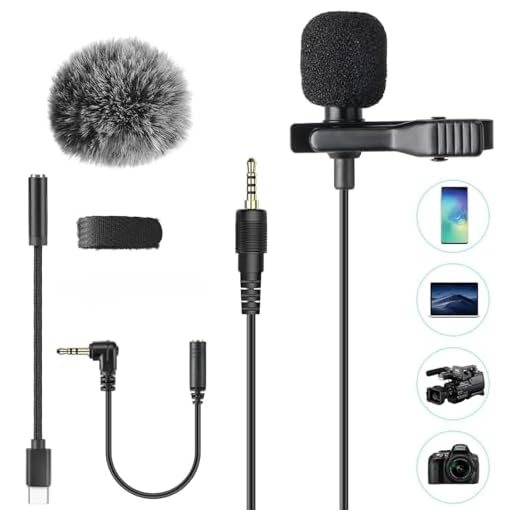 AGPTEK Micrófono de Solapa con Parabrisas, Z02C Lavalier Micrófono Omnidireccional con 3 Adaptadores, 2M Cable para Smartphones, PC, Videocámaras, Negro