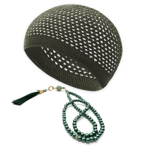 ESERRA Kufi Hats for Men and Women with 99 Tasbih Prayer Beads, Muslim Thick Breathable Skull Cap, Tasbeeh, Prayer Cap (US, Alpha, One Size, Green)