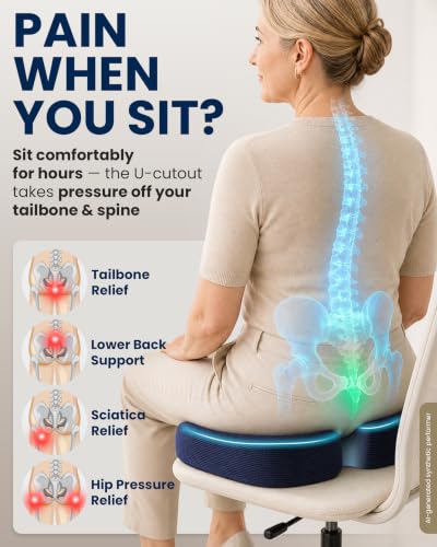 Image of 5 STARS UNITED Seat Cushion - Memory Foam Chair Cushion for Tailbone Pain Relief - Ergonomic Support for Coccyx, Sciatica & Butt - Office, Desk & Gaming Chair, Car Seat, Wheelchair, Airplane, Blue