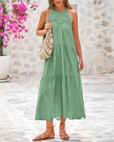 Image of BTFBM Halter Summer Dresses for Women 2026 Casual Spring Hollow Out Sleeveless Boho Sundresses Beach Vacation Maxi Dress