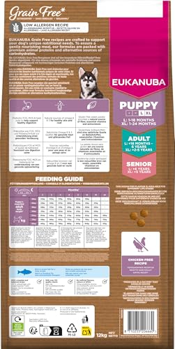 Eukanuba Welpenfutter getreidefrei mit Fisch für große Rassen, Premium Trockenfutter ohne Getreide für Junior Hunde, 12 kg