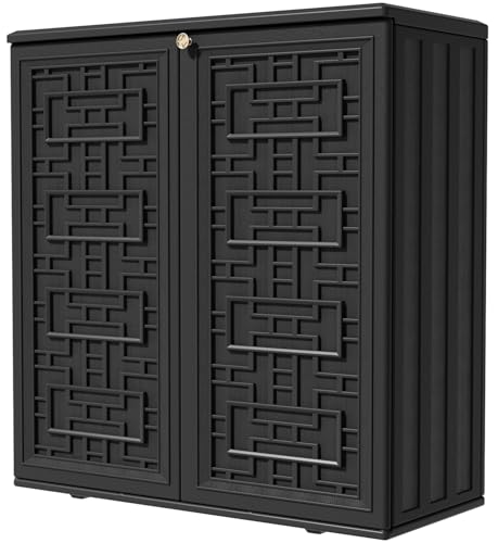Image of KINYING Outdoor Storage Cabinet Waterproof, Resin 62 Gallon Deck Box for Patio Furniture Cushions, Garden Tools, Pool Tools and Kids' Toys (Black with 1 Shelving)