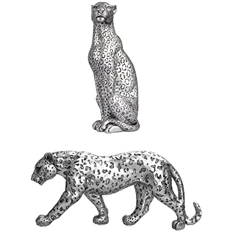 POLYDUKE Modern Silver Cheetah Figurine Walking and Sitting Style Home Décor Realistic Antique Classical Leopard Statues Living Room Decor Cover