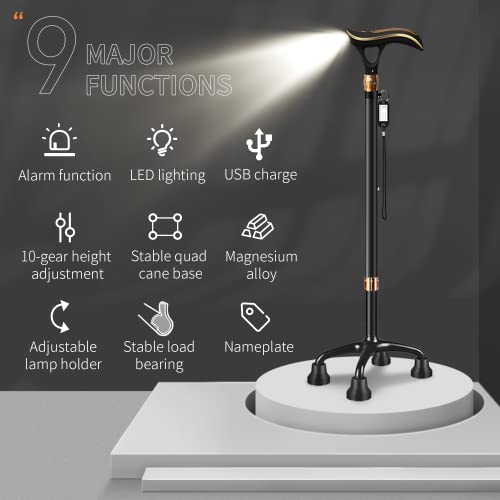ispuoocti Smart Alarm Quad Cane Walking Cane for Men and Women with Light, Telescopic Adjustable Walking Sticks for Seniors-Heavy Duty Free Standing Cane,USB Direct Charging,with Travel Bag(Quad) - Thumbnail 2