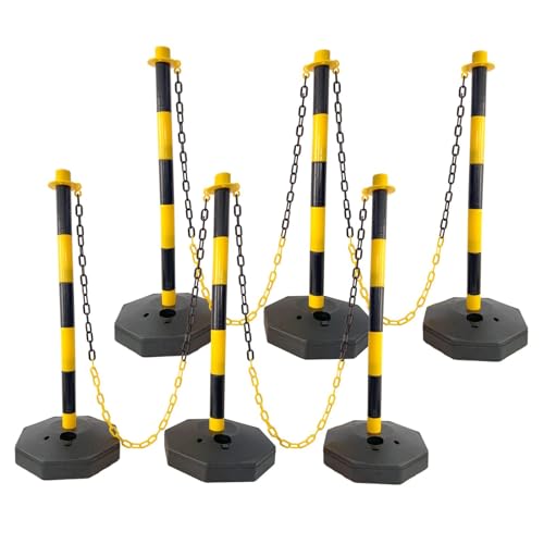 FRITHJILL 6 Pack Plastic Traffic Delineator Post with 5 FT Chains, Traffic Safety Delineator Cones with Fillable Base, Crowd Control Stanchion Set, Yellow