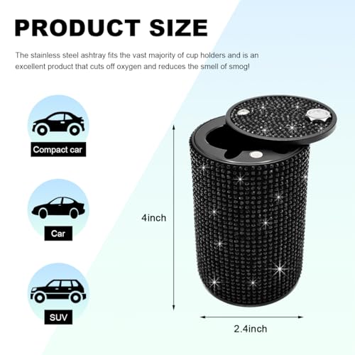 Image of Car Cigarette Ashtray with Lid, Stainless Steel Bling Crystal Diamond Smokeless Fireproof Vehicle Ashtray Holder, Portable Sparkling Ashtray Cup Holder for Car Home Office (Black)