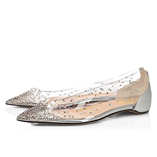 XYD Women Sparkle Rhinestones Mesh Clear Ballet Flats Pointed Toe Spikes Rivets Sequins Dressy Shoes 7 Silver PVC
