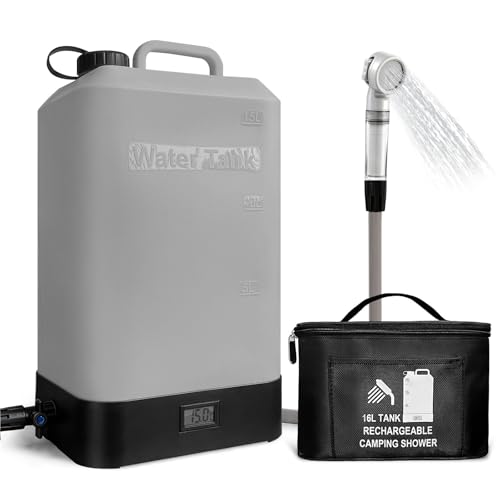 Tanque de agua de silicona de 4.5 galones, ducha portátil para camping, carga USB, con cabezal de ducha, ducha portátil eléctrica integrada, termómetro incorporado, apta para senderismo, viajes, playa y mascotas miniatura 1