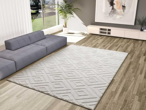 ATTICGO Alfombra Lavable de Pelo Corto Estilo   Rectangular   Fibra sintética   Alfombra para salón y Dormitorio, de Estilo Geométrico con Relieve   Crema 23061 60x110 cm