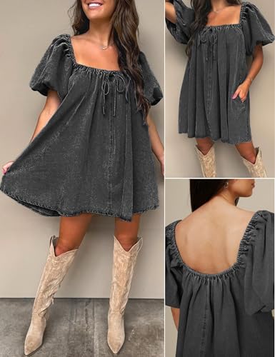 Image of Women Denim Dress Puff Short Sleeve Square Neck Jean Dress 2026 | Two Side Pockets, Babydoll Mini Dress, Stretchy Breathable Fabric, Casual Daily Outfits, Western Counrty Concert Outfits