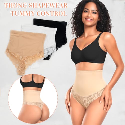 Image of Werena Tummy Control Thong Shapewear for Women Mid High Waisted Body Shaper Underwear Lace Shaping Thong Girdle Panties