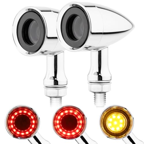 Image of TSUNG Universal Motorcycle LED Turn Signals Lights Small Bullet Front Rear Blinkers Tail Lights for Cruiser Chopper Bobber Cafe Racer Street Bike (RING-Chrome, Red&Amber)