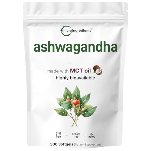 Ashwagandha Supplements 6,000mg Per Serving | 300 Coconut MCT Oil Softgels with Black Pepper for Better Absorption | Potent Root Extract | Natural Her