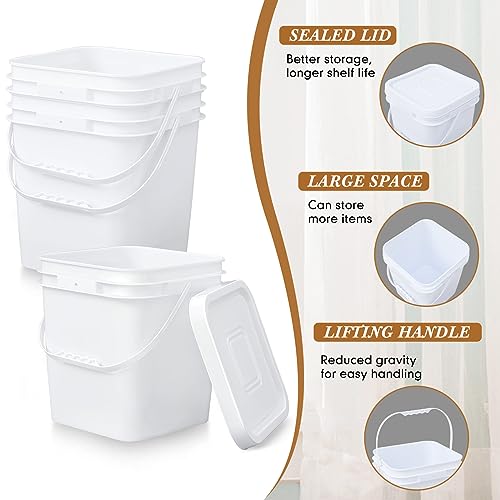 Image of Mumufy 5 Pcs 3.5 Gallon Square Food Grade Bucket with Lid Square Bucket Pail Plastic Handles for Long Term Food Storage, Camping, Fishing, Home Organization Easy Stack and Store (White)
