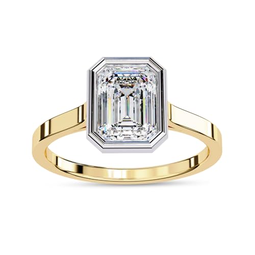 Solitaire Engagement Ring for Women | Center 7X5mm Emerald Cut Lab Created Moissanite Bezel Set Wedding Promise Rings in 10K / 14K Solid Gold or 925 Sterling Silver Jewelry Gift for Her