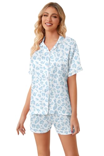 Image of Umeyda Women & Girls Pajamas Set, Soft Satin Lightweight Silk Button-Down Top with Shorts 2 Piece PJS for Mom Boys Kids Gifts