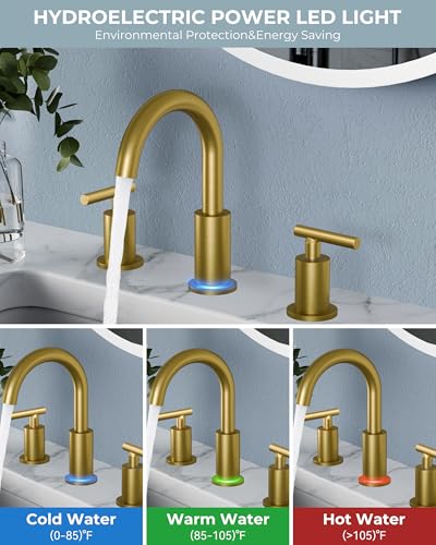 Image of FORIOUS LED Bathroom Faucet Gold, 3 Hole Bathroom Faucet Brushed Gold Widespread with 3 Color Changing Light, Metal Pop Up Drain, CUPC Supply Hose and 360 Swivel Spout, 3 Pieces Wide LED Tap