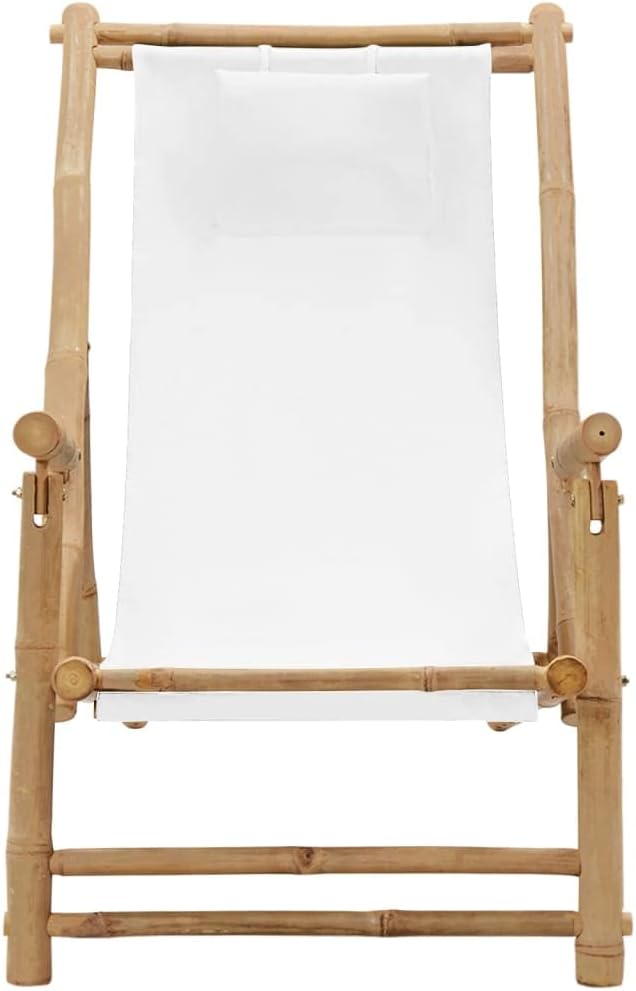Folding Bamboo Deck Chair Cream 41.7"x23.6"x35.4" Canvas Zero Gravity Lounger Lightweight Outdoor Patio Recliner for Garden, Porch, Balcony, Camping and Beach Relaxation