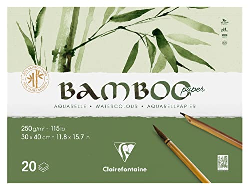 Clairefontaine 975914C, Double-sided glued pad Bamboo, 20 sheets of 100% bamboo watercolour paper, natural white, 100% vegan