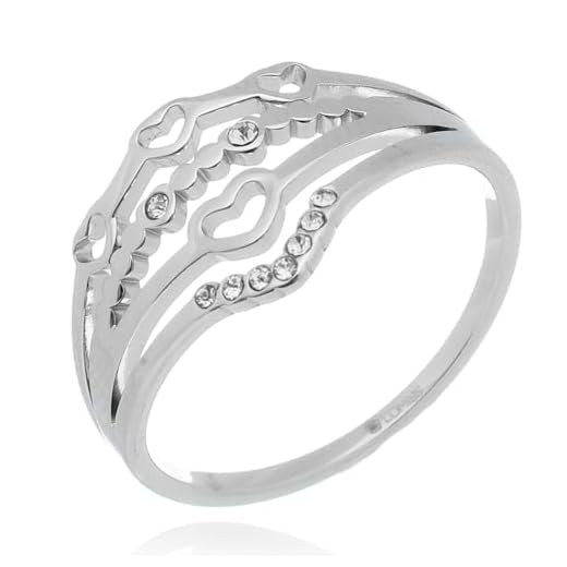 LOMISS ANEL FEMININOS ANEL AÇO INOXIDÁVEL PVD CORAÇÕES VAZADOS ZIRCÔNIA CRAVEJADA (Prata, 14)