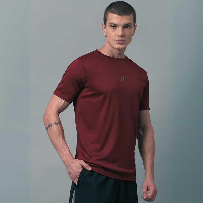 ATICX Slim Fit Pack of 3 Polyester Sports T-Shirts for Men - Round Neck Quick Dry Half Sleeve Breathable Stylish Gym & Workout Combo for Running, Cycling, Football, Swimming, Black, Grey & Wine, L - Image 5 thumbnail