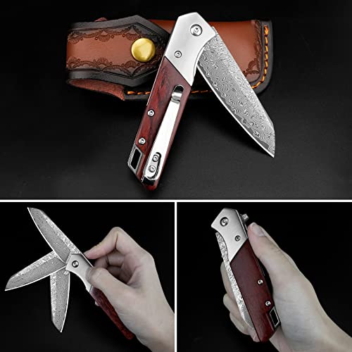 Komwero Damascus Pocket Knife With Clip Leather Sheath, 3.14 Inch Sharp Damascus Steel Knife With Rosewood Handle, Edc Damascus Folding Knife For Men Women Camping Collection #TOP4