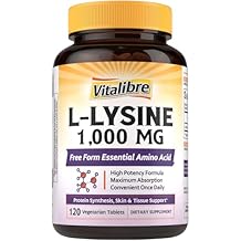 Vitalibre L-Lysine 1000 mg, High Potency L-Lysine HCl, Free Form Essential Amino Acid, Protein & Collagen Synthesis, Immune Support, Maximum Absorption, Vegan, 120 Tablets
