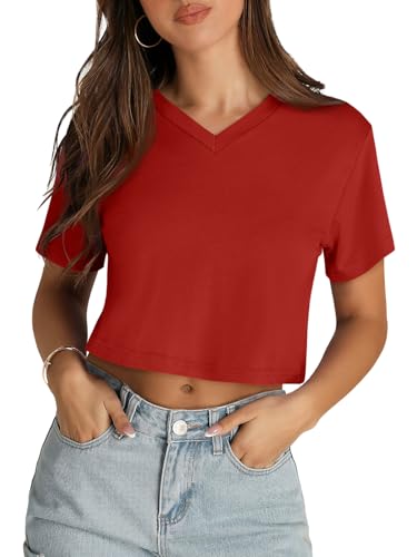 Image of Womens Crop Tops Short Sleeve V Neck Summer Cropped T Shirts Baisc Tees