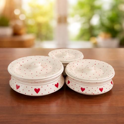 Image of Niyara Red Heart Design Ceramic Casserole with Lid | Multipurpose Serving Bowl | Microwave Safe Serveware (Set of 3, Sizes: 1000ML, 650ML, 550ML)