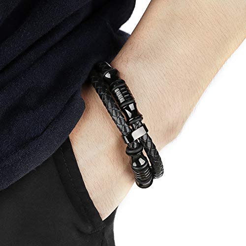 Image of Black Braided Leather Bracelet For Men