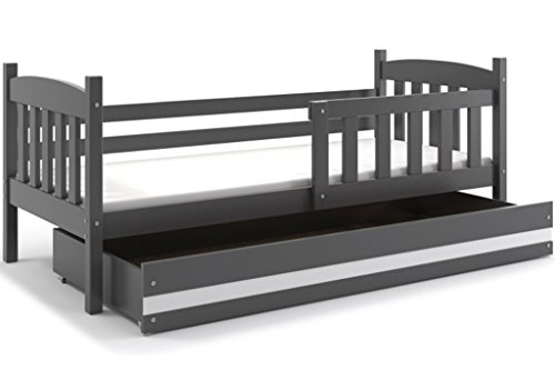 Einzelbett mit Bettkasten Giacomino, Farbe Grau, Kinderbett für Kinder in Kiefer massiv, Matratze in Schwamm GRATIS. 190x80