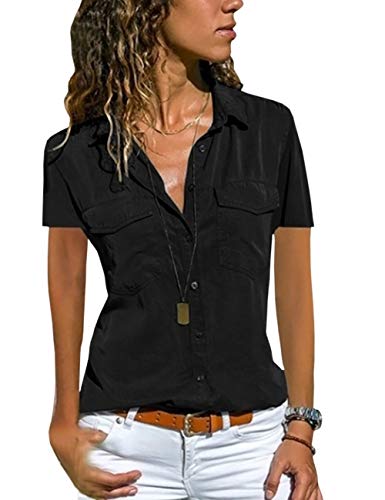 SOMTHRON Dames korte mouwen revers slank hend met knopen plus size T-shirt blouse