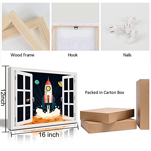 Hlniuc 3D Outer Space In Window View Wall Art, Boys Space Theme Posters Rocket Art Prints (12”X16”,Framed), Planet Canvas Poster Universe Picture For Kids Boys Room Playroom Decor-Ready To Hang #TOP5