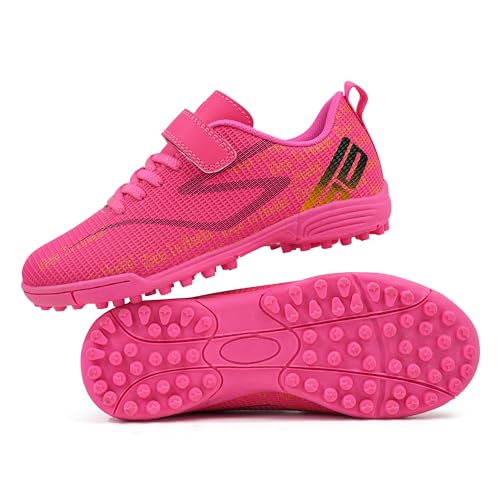 brooman Kids Indoor Turf Soccer Shoes Girls Boys Soccer Cleats Football Shoes (2 Fuchsia)