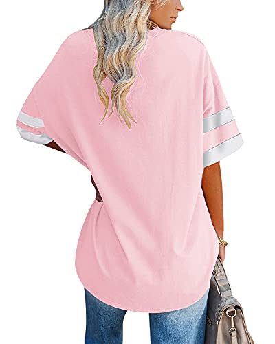 Fisoew Womens Oversized Tees Loose T Shirts Half Sleeve Crew Neck Color Block Cotton Tunic Tops Pink #TOP1