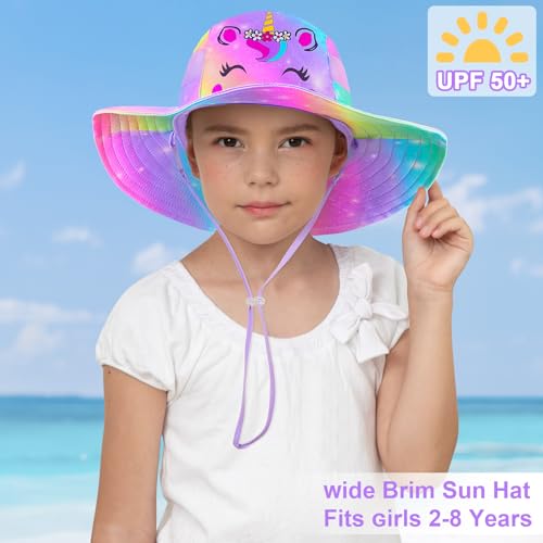Image of Kids Sun Hat for Toddler Girls Unicorn Bucket Hats UV Protection Summer Hat for Kids Wide Brim Fishing Hat 2-8 Years