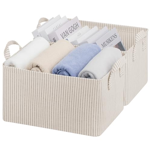 StorageWorks Storage Bins, Fabric Storage Bins for Shelves, Storage Baskets with Metal Frame, Closet Baskets and Bins with Handles, Khaki and Beige Stripes, 2-Pack