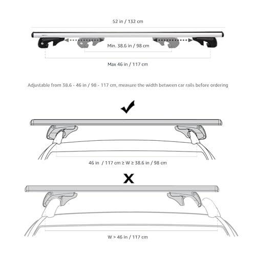 Image of Amazon Basics Cross Rail Roof Rack, 52 inches, Fits up to 46 inch Spans between Raised Side Rails with Gap, Pack of 2, Black /Silver