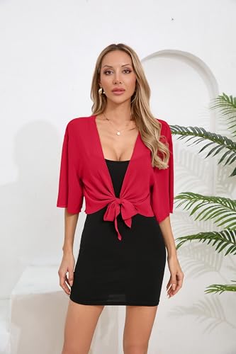 Image of TASAMO Women's 2026 Summer Lightweight Short Bolero Cardigan Shrug Sheer Tie Front Top 3 /4 Sleeve Jacket for Dress