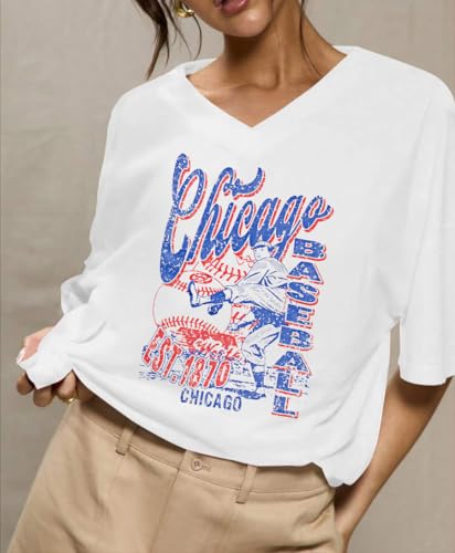 FLOYU Oversized Chicago Baseball Shirt Women Baseball SeasonTops Chicago Fan V Neck Short Sleeve Shirt3