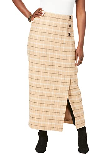 Jessica London Women's Plus Size Side-Button Wool Skirt Wool Faux Wrap Plaid Maxi Skirt - 22 W, Soft Camel Double Plaid Beige #TOP18