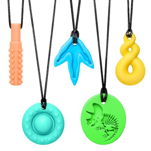 CLDY Collar sensorial masticable para autismo y TDAH, paquete de 5 juguetes masticables de silicona de grado alimenticio para niños, mordedor motor oral sin BPA para niños y niñas, seguro para las