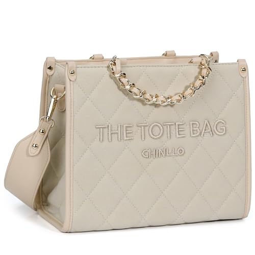 Chinllo Tote Bag for Women Quilted Chains Satchel Purse and Handbags with Shoulder Strap (E.Beige-Ms)