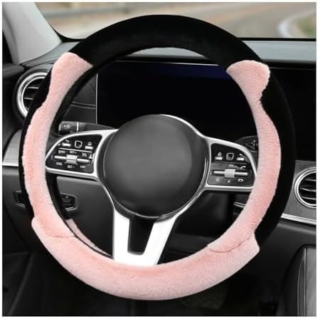 Pink Fluffy Plush Steering Wheel Cover for Women Girl with Upgraded Silicone Inner Ring, Anti-Slip, Odourless Car Interior, Universal 14.5-15 Inch, Cute Cat Ear Design (Plush)