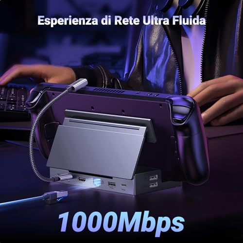 Hub USB C HDMI 4K 60Hz Dock Steam Deck ROG Ally Adattatore Type C 3.2 10Gbps Ethernet Gigabit PD 100W Ricarica Lettore di Schede SD TF Docking Station con Supporto Regolabile - Hub USB - Immagine 4