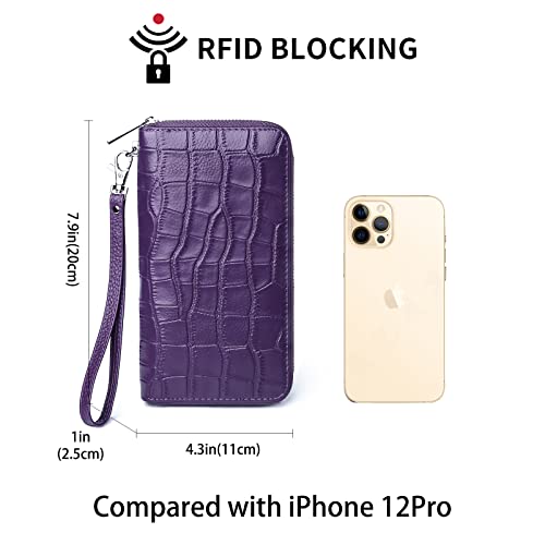 Utenwat Womens Wallets Large Capacity Rfid Blocking Genuine Leather Wallet For Women Zip Clutch Card Holder With Wristlet Purple #TOP2