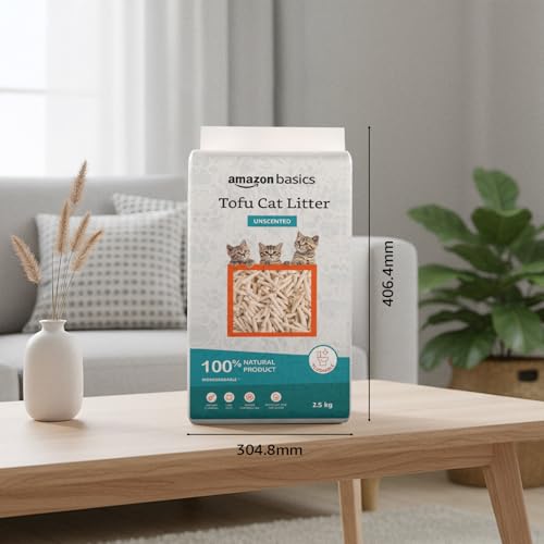 Image of Amazon Basics Premium Tofu Cat Litter | 2.5 Kg | Unscented | Organic | Biodegradable | Flushable | Dust-Free | Instant Clumping